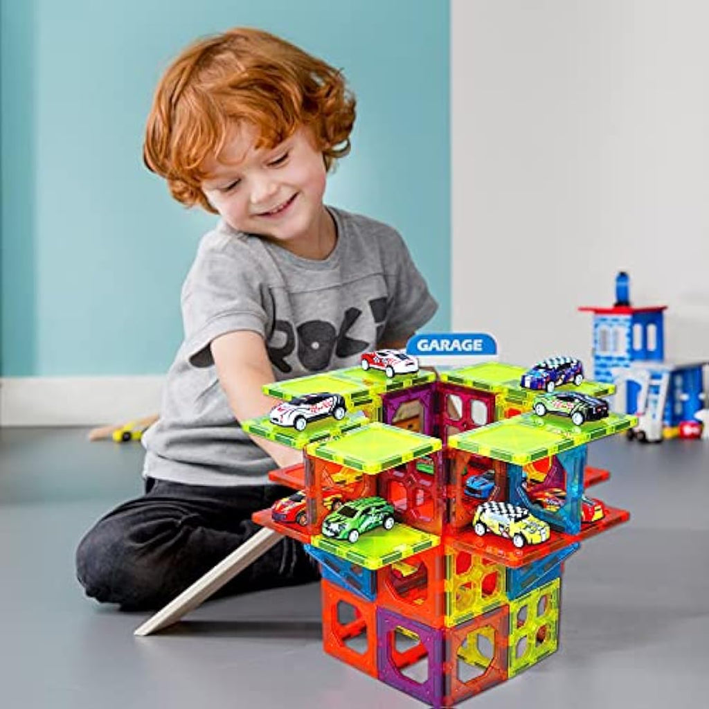 BUBUQE Magnetic Tiles Building Blocks Set with 10 Metal Cars - 105pc