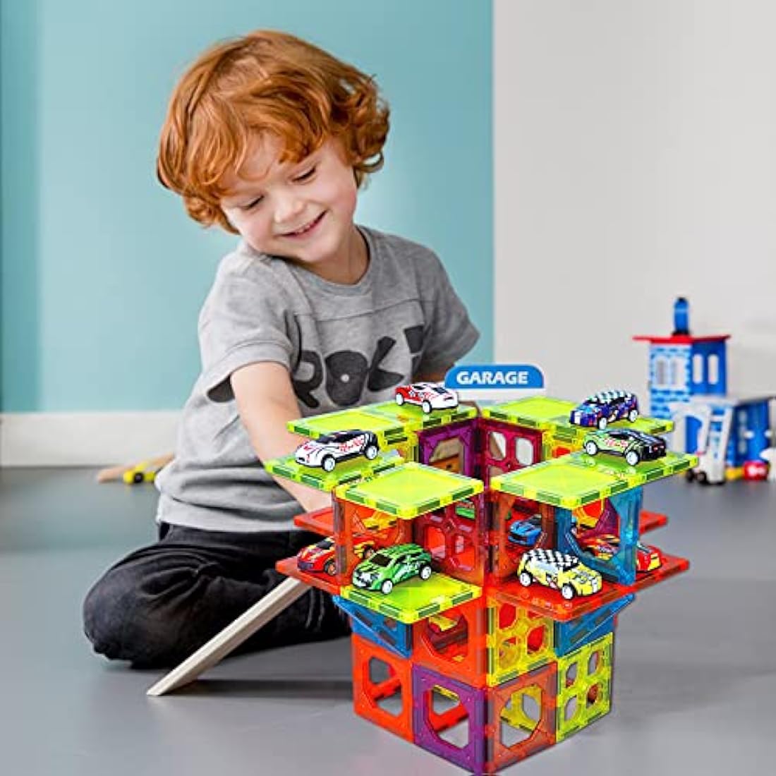 BUBUQE Magnetic Tiles Building Blocks Set with 10 Metal Cars - 105pc