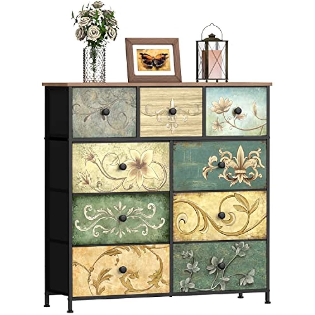 VEDECASA 9-Drawer Fabric Dresser – Retro Floral Chest for Bedroom