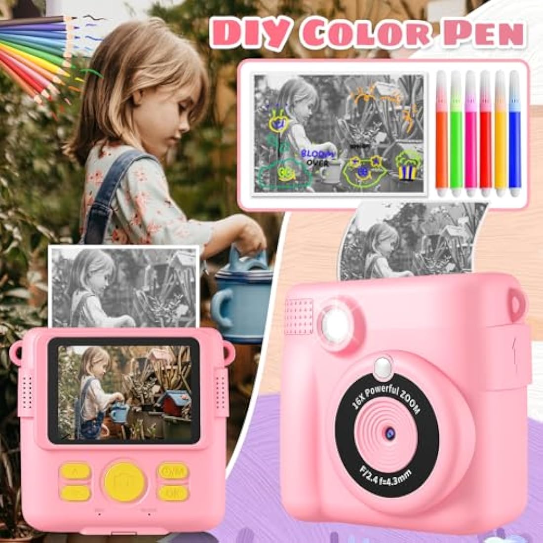 Kids Instant Print Camera - 1080P HD Digital Toy with 32GB Card