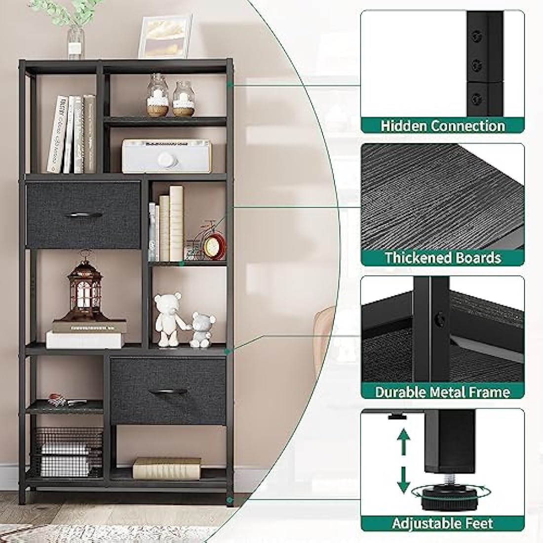YITAHOME 7-Tier Industrial Bookshelf with 2 Drawers | Black Steel Frame