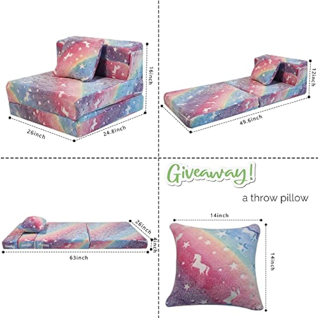 MeMoreCool Glow in The Dark Kids Sofa Bed – Modular Unicorn Play Couch