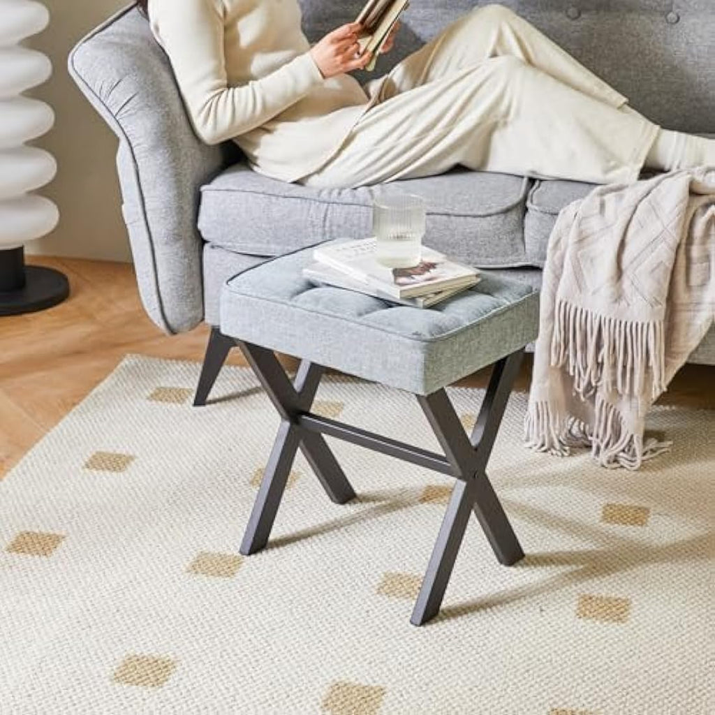 IBUYKE Square Linen Vanity Stool – Blue Gray Ottoman with X-Legs