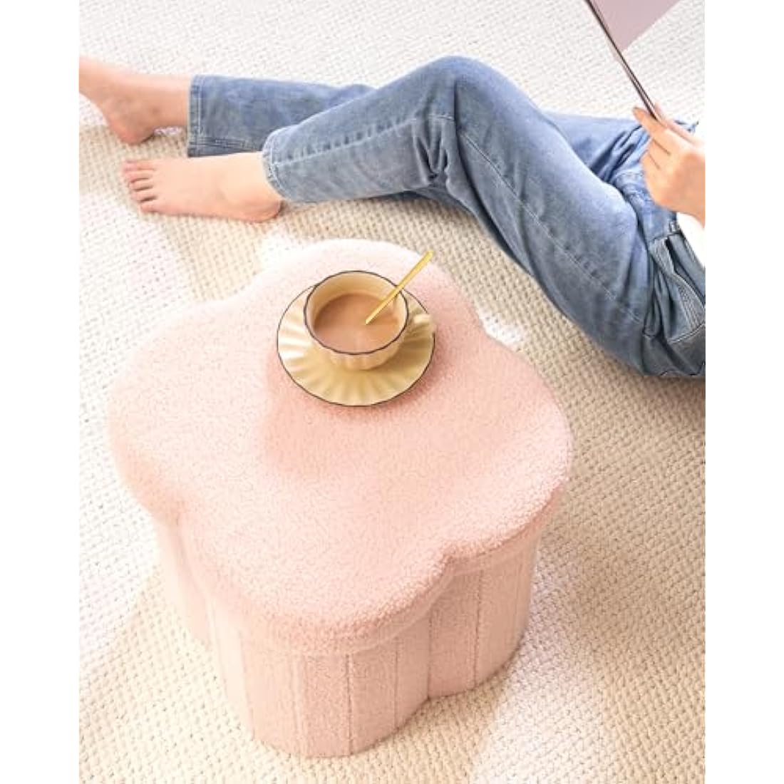 Bonlife Pink Boucle Folding Storage Ottoman – Teddy Flower Toy Chest