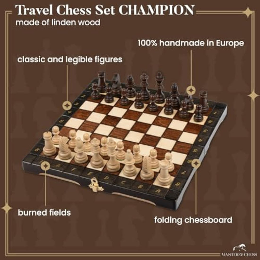 Master of Chess Champion Wooden Travel Chess Set – Handcrafted 29cm