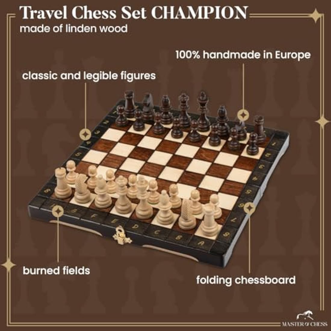Master of Chess Champion Wooden Travel Chess Set – Handcrafted 29cm