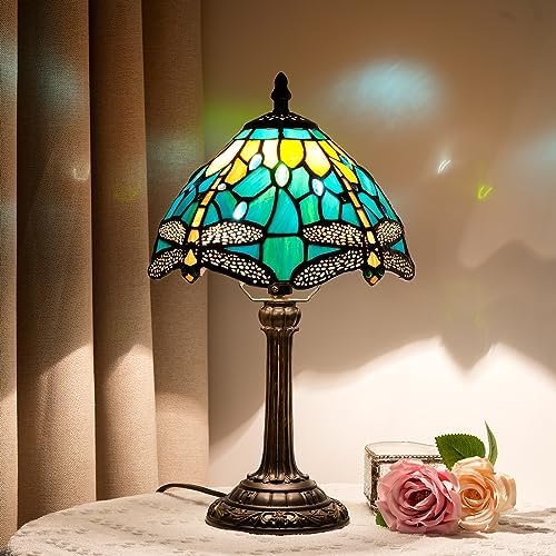 Blivuself Tiffany Style Stained Glass Dragonfly Table Lamp – 8" Retro Desk Light