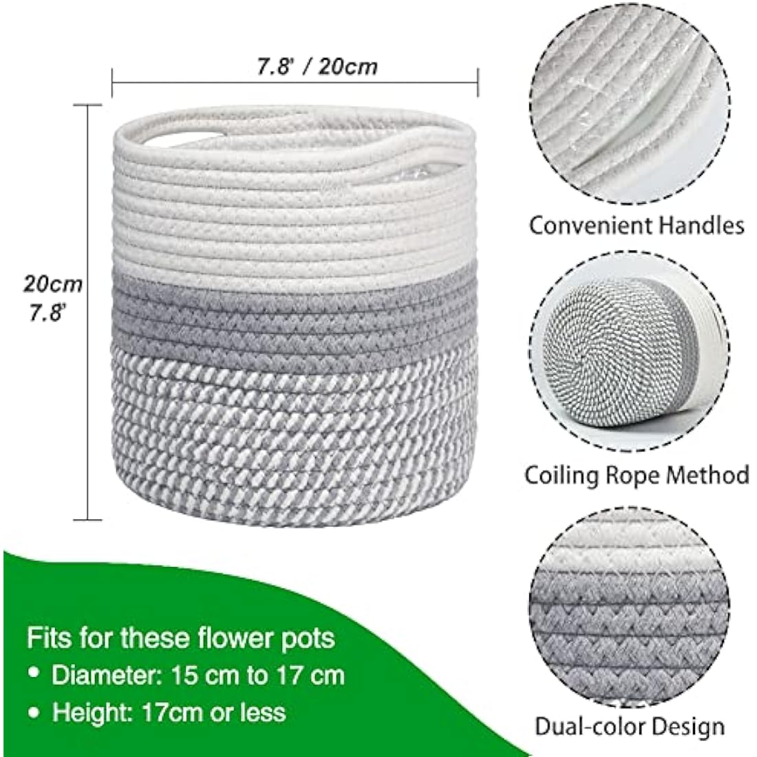 Woven Cotton Plant Pot Basket with Liner - White & Grey