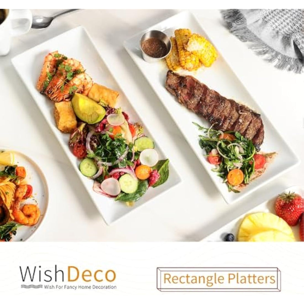 WishDeco Ceramic Serving Platters - Set of 3 White Rectangular Trays