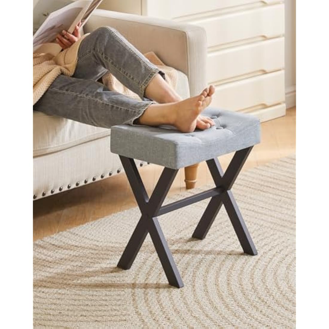 IBUYKE U-Shaped Linen Vanity Stool – Blue Gray Square Makeup Ottoman