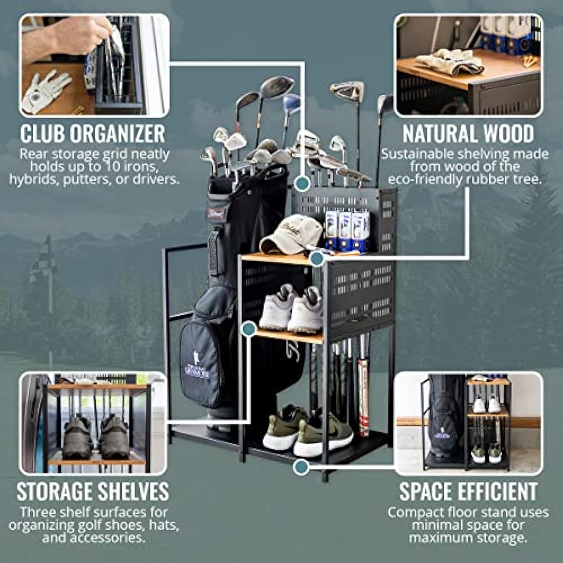 Teal Triangle Heavy Duty Golf Bag Organizer | Steel Garage Storage Rack