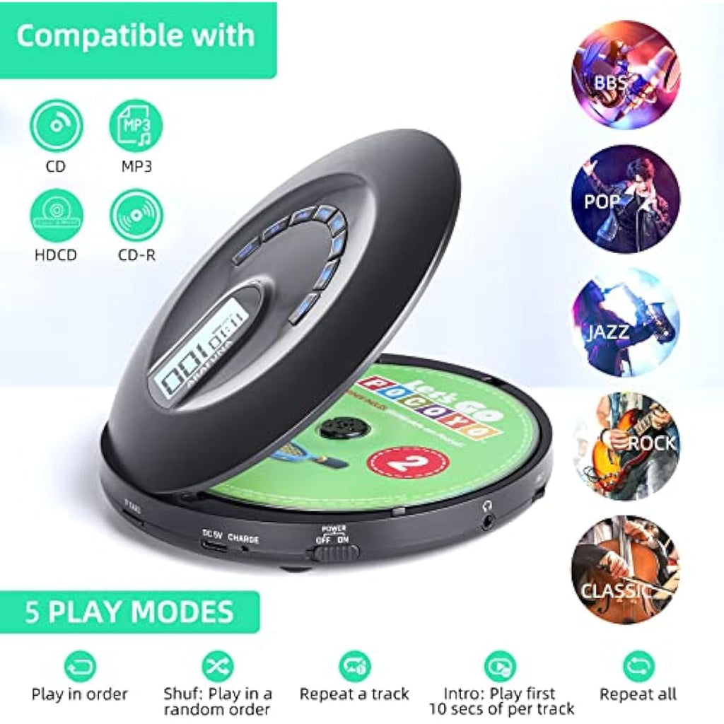 ARAFUNA Portable CD Player – Rechargeable HIFI Audio with Anti-Skip & AUX