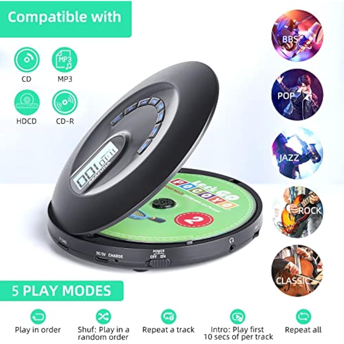 ARAFUNA Portable CD Player – Rechargeable HIFI Audio with Anti-Skip & AUX