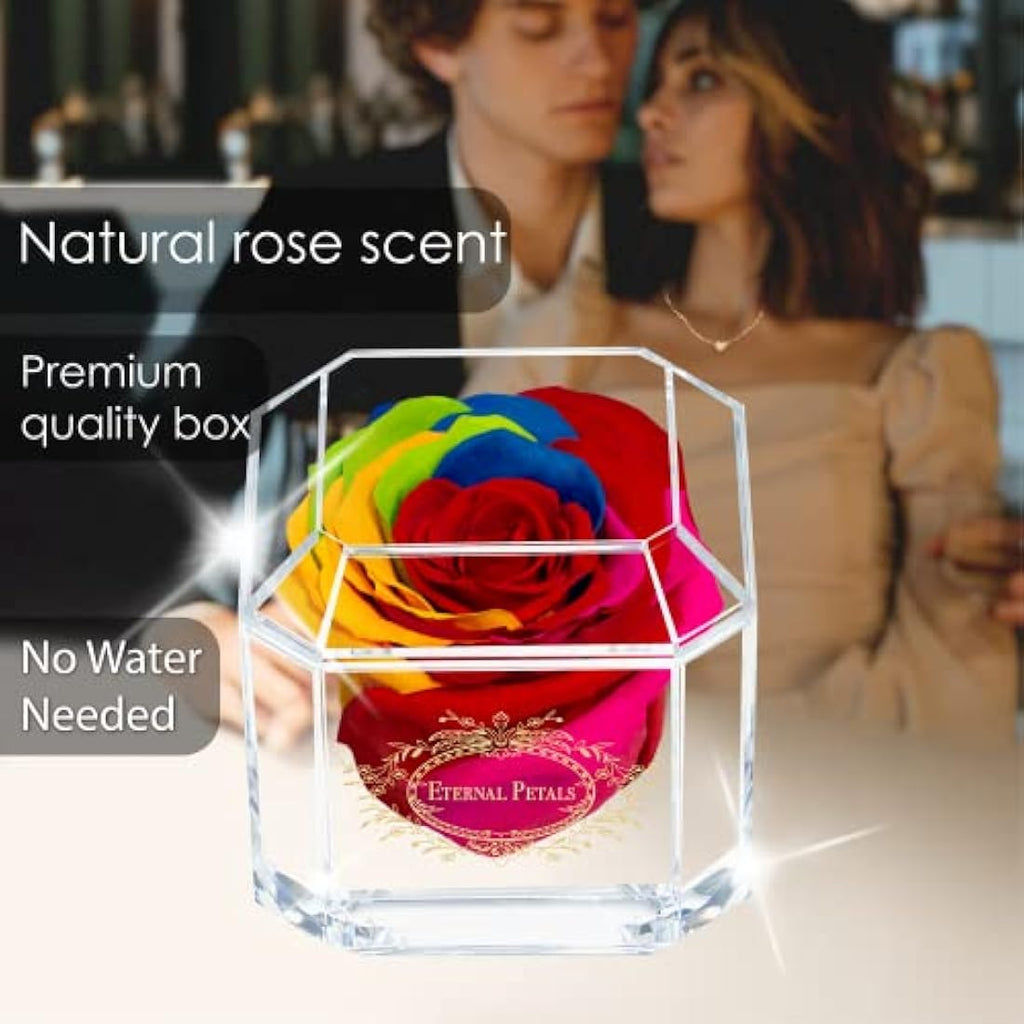 Eternal Petals Rainbow Preserved Infinity Rose – Handmade Gold Solo Box
