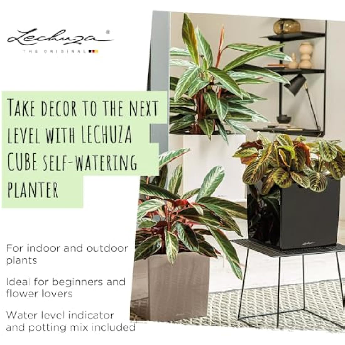 Lechuza CUBE 40 Self-Watering Planter | Charcoal Metallic Plastic Pot