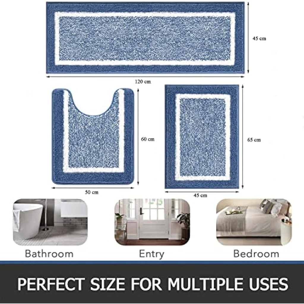 Pauwer 3-Piece Microfiber Bath Mat Set | Non-Slip Absorbent Rugs – Blue