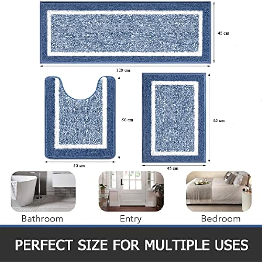 Pauwer 3-Piece Microfiber Bath Mat Set | Non-Slip Absorbent Rugs – Blue