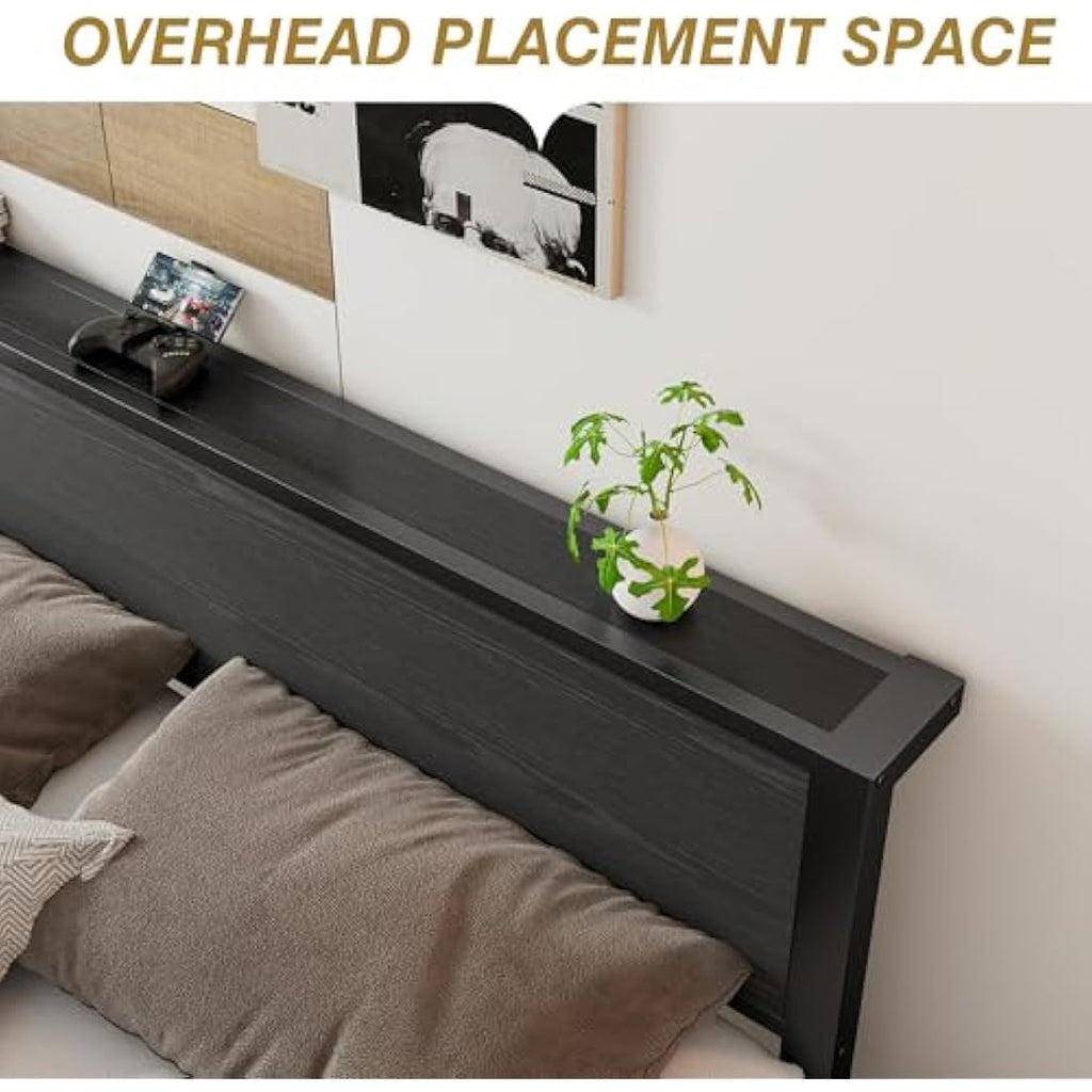 DUMEE King Size Metal Bed Frame with Storage Headboard – Black