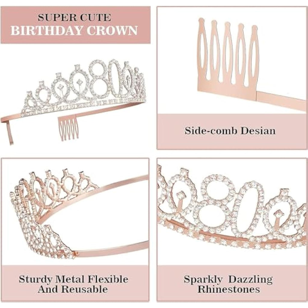 Amosking 80th Birthday Decorations for Women | Rose Gold Tiara and Sash Set