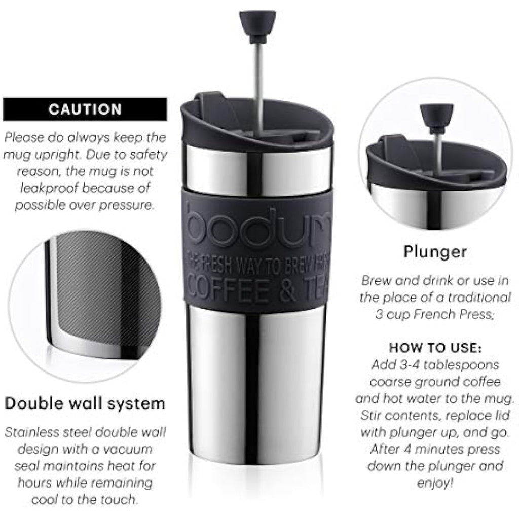 Bodum Travel French Press Coffee Maker – 12 oz Vacuum Stainless Steel