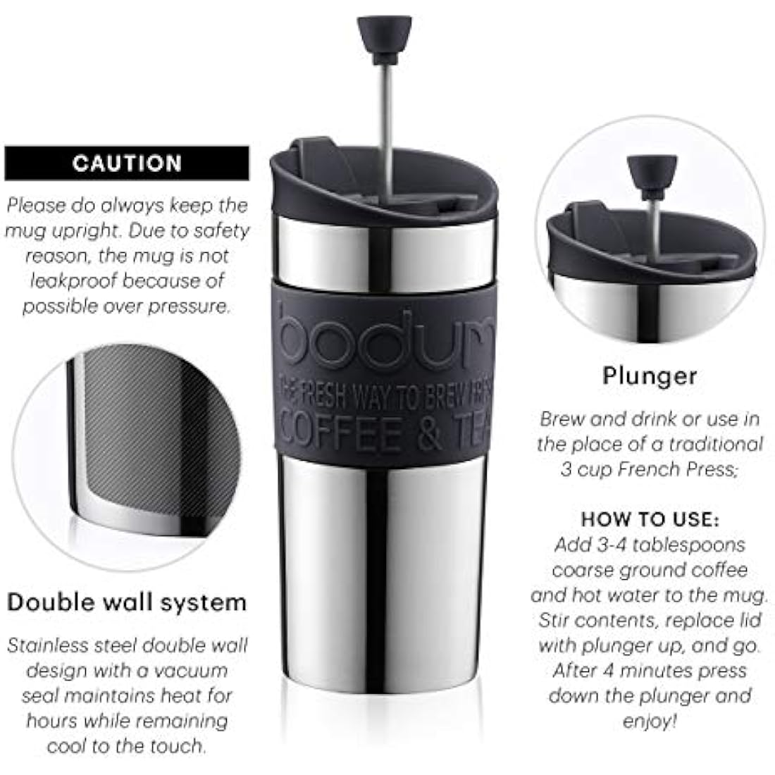 Bodum Travel French Press Coffee Maker – 12 oz Vacuum Stainless Steel