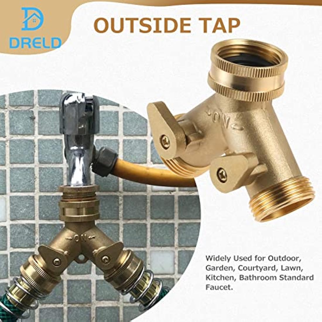 DRELD 3/4" Brass Garden Hose Splitter | 2-Way Tap Manifold Connector