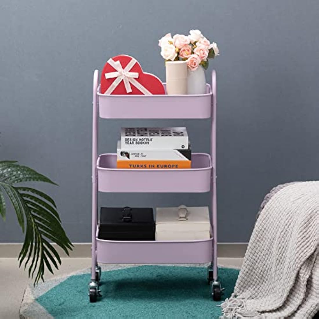DOEWORKS 3-Tier Metal Rolling Utility Cart - Slim Storage Trolley, Purple
