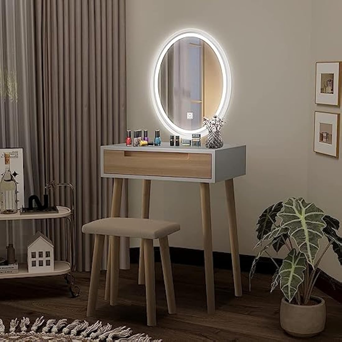 YOURLITE Makeup Vanity Set with LED Mirror, Stool & Drawer - Wood Color