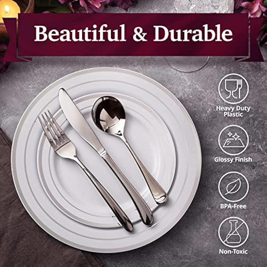 LATERN 60Pcs Silver Rim Plastic Dinnerware Set | Reusable Party Plates