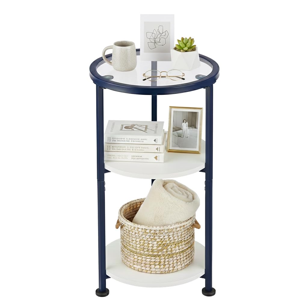 ZEXVIDA 3-Tier Round Side Table with Tempered Glass Top, Navy Blue - image 1