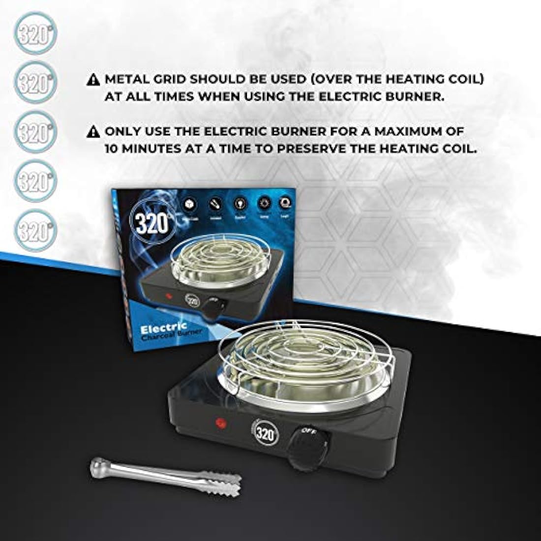 320º Electric Charcoal Burner for Coconut Coal | 1000W Stove with Tongs