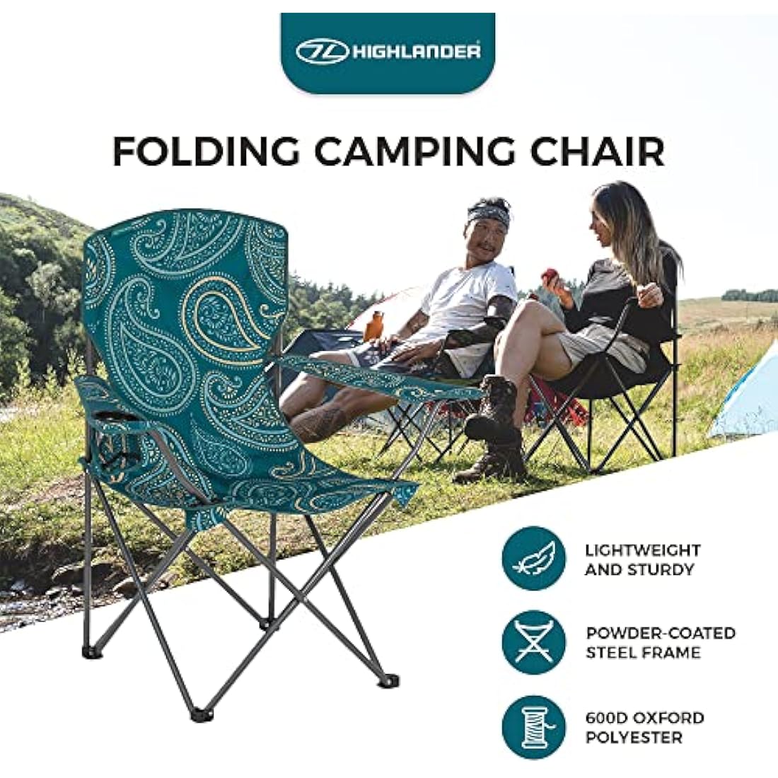 Highlander Camping Chair – Lightweight Folding Steel Chair with Cup Holder