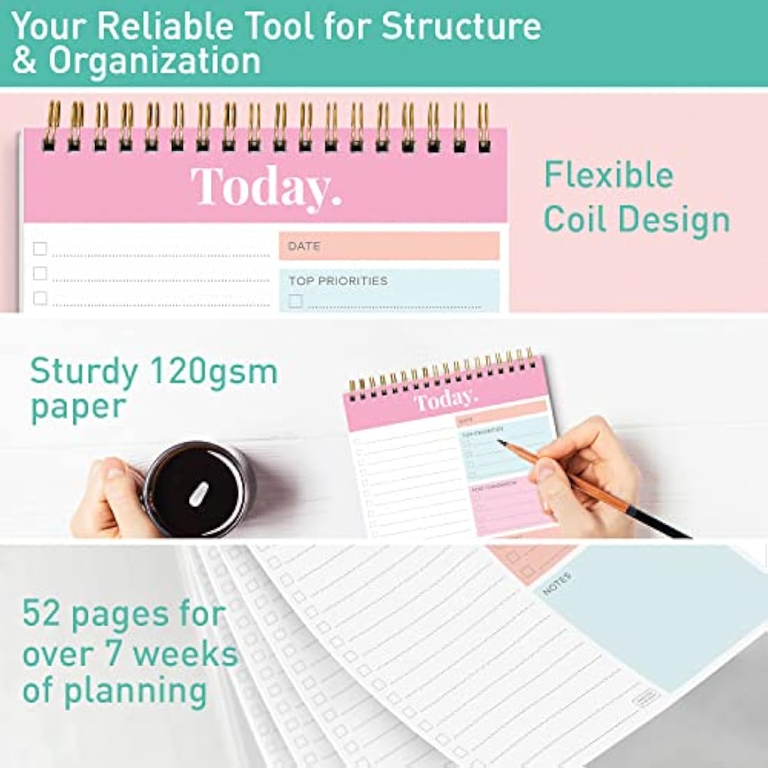 S&O Undated Daily Planner Notepad | 52-Page Coiled To-Do List - Pink