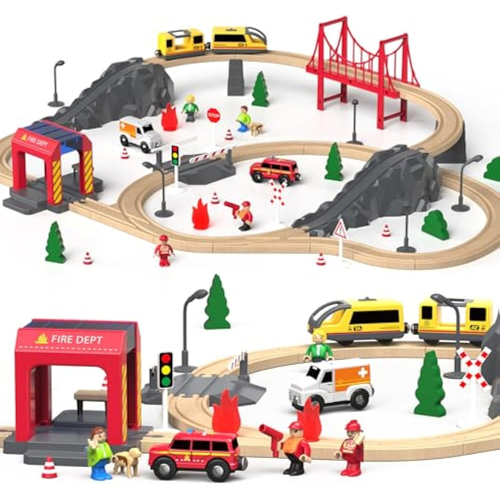 Giant Bean 72-Piece Wooden Train Set | Fire Station Toy Railway Kit