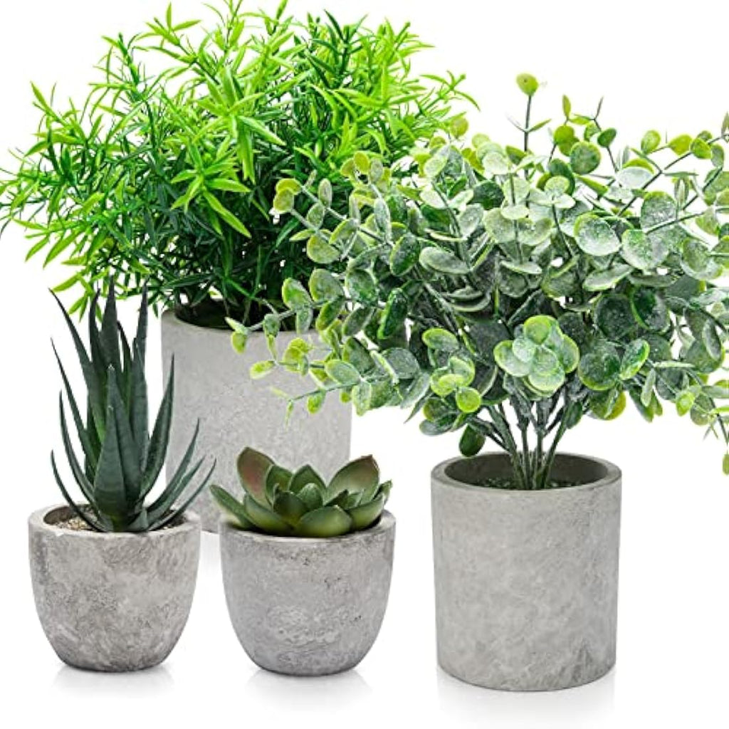 Jolof Store 4-Pack Artificial Potted Plants – Faux Eucalyptus & Succulents