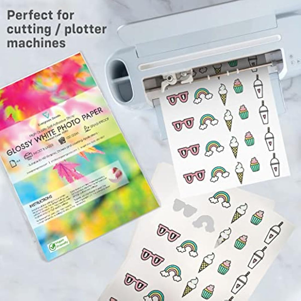 Evergreen Goods A4 Glossy White Sticker Paper - 50 Sheets Splashproof