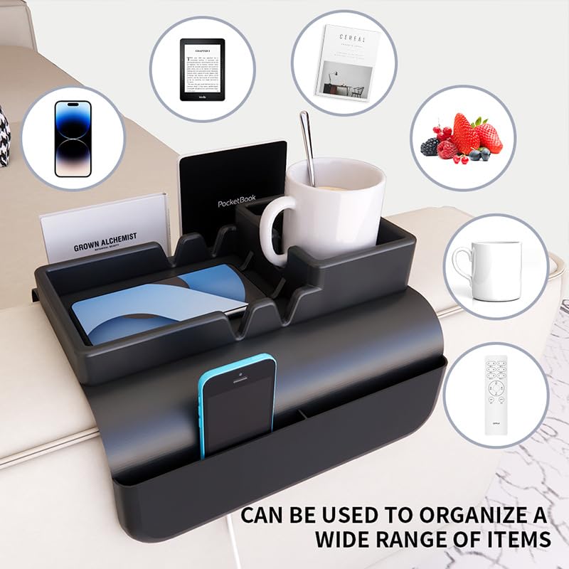 Hosoncovy Silicone Armrest Cup Holder Tray Drink Holder Couch Caddy with Side Pockets for Sofa Couch Arm Chair Recliner,Armrest Remote Control and - image 3