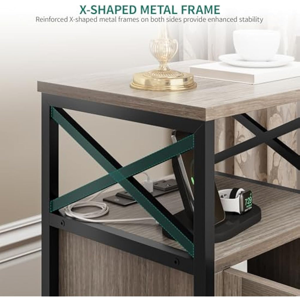 YITAHOME Side Table with Charging Station – Grey X-Shaped Bedside Table