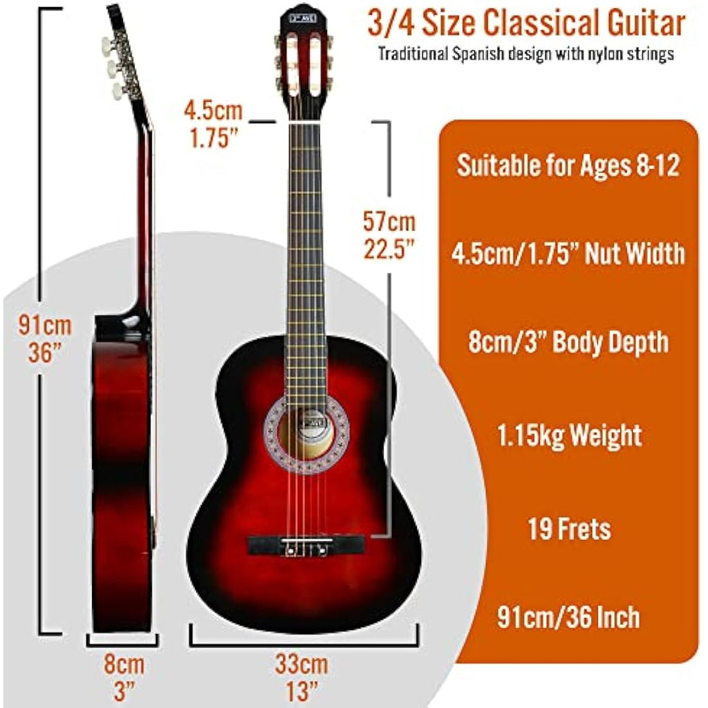 3rd Avenue 3/4 Kids Classical Guitar Bundle | Nylon String - Red