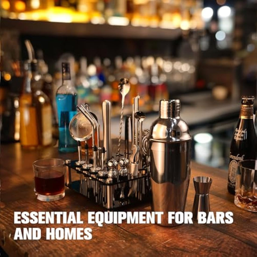 KINGROW 29-Piece Cocktail Shaker Set with Rotating Stand - Silver