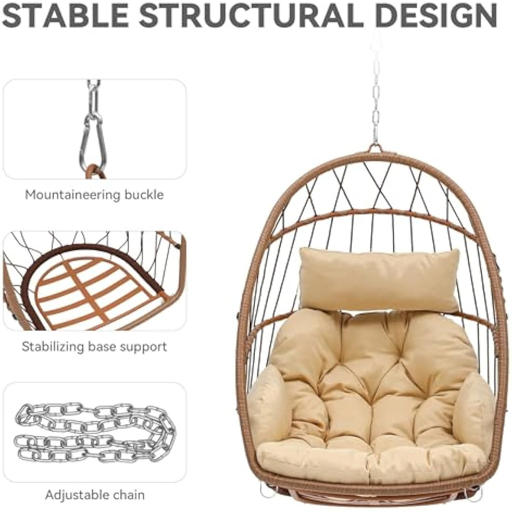 YITAHOME Rattan Hanging Egg Chair – Outdoor Swing with Beige Cushions