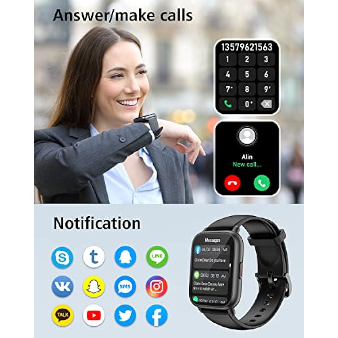 RUIMEN Smart Watch - 1.85" Fitness Tracker with Bluetooth Call & Heart Rate