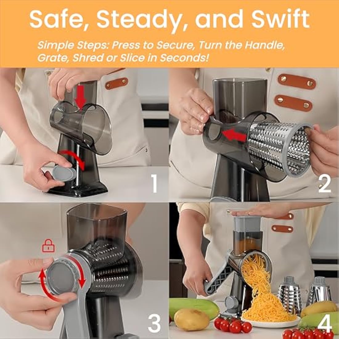 LacusMare Rotary Cheese Grater | 3-Blade Vegetable Slicer & Shredder, Gray