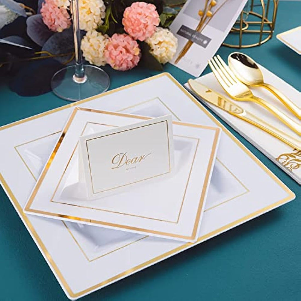 Jolof Store 175pc Gold Square Reusable Plastic Dinnerware Set for 25