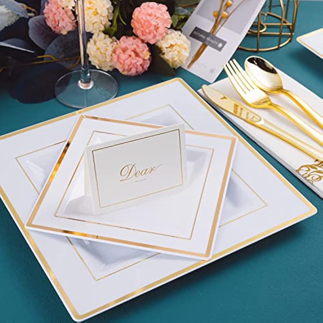 Jolof Store 175pc Gold Square Reusable Plastic Dinnerware Set for 25
