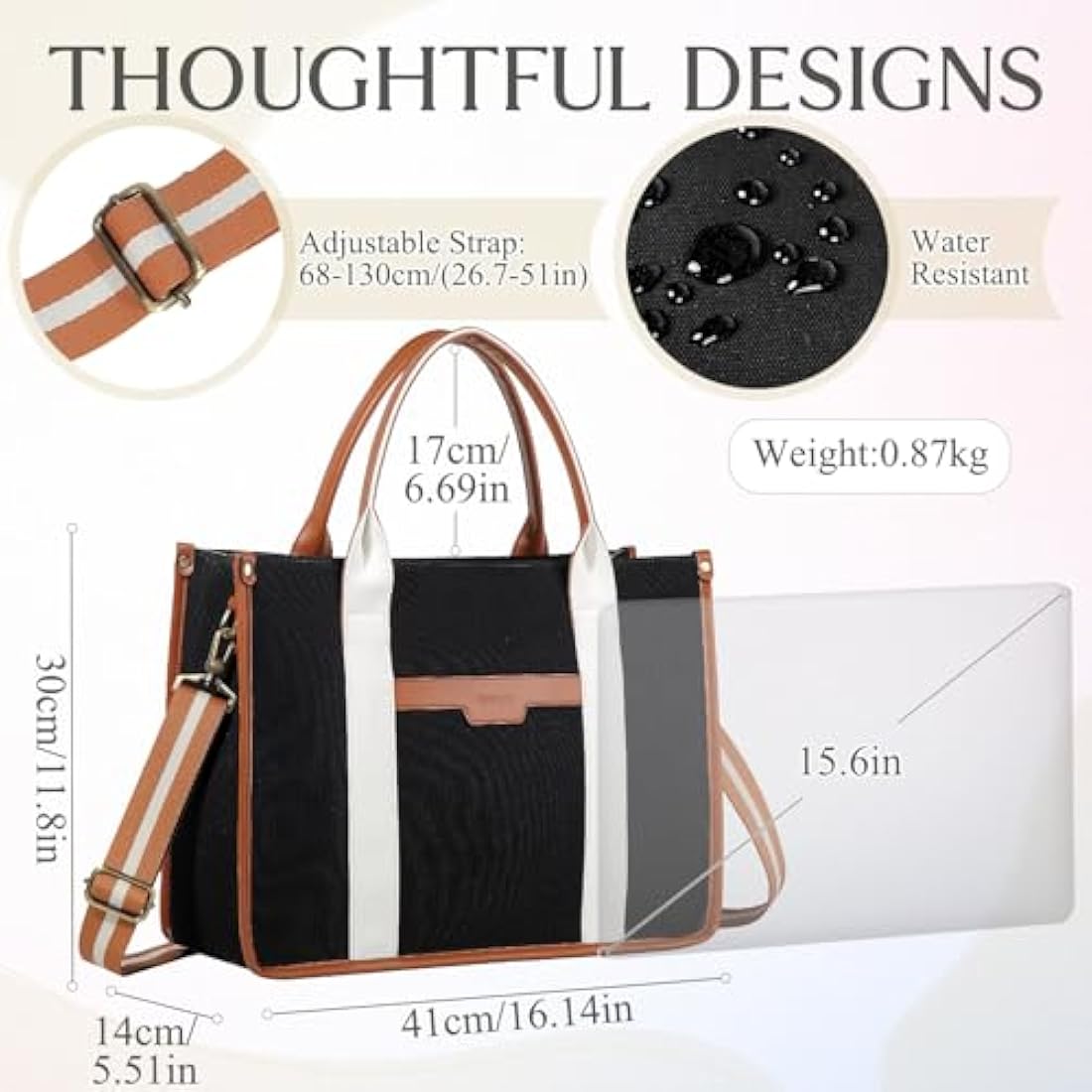 RAVUO 15.6 Inch Laptop Tote Bag – Water Resistant Canvas Work Bag for Women