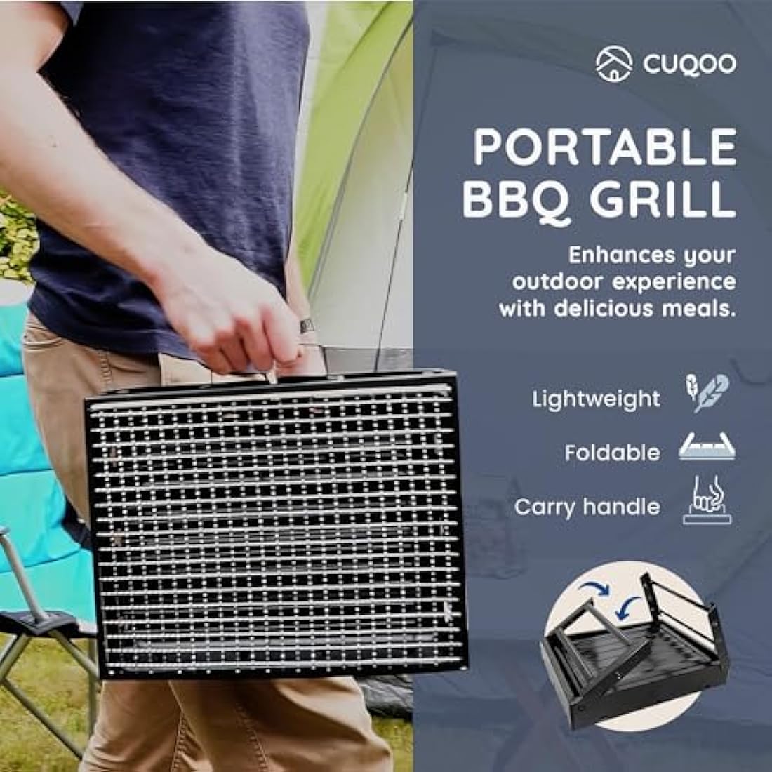 CUQOO Portable Charcoal BBQ Grill – Foldable Stainless Steel Camping Smoker