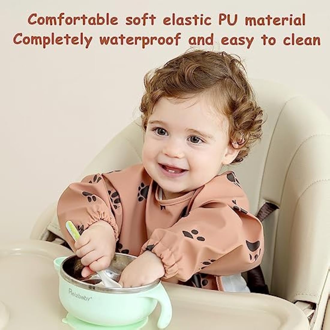PewinGo Long Sleeve Weaning Bib | Waterproof PU Baby Coverall – Orange