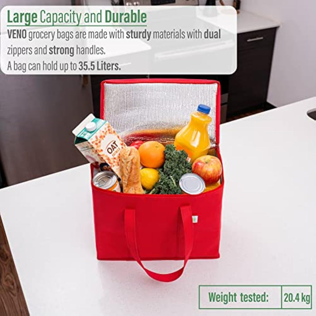 VENO Insulated Grocery Bags - 3 Pack Heavy-Duty Reusable Cooler Bag, Red