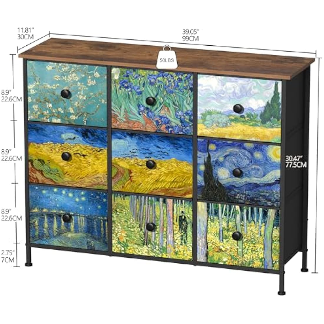 VEDECASA Van Gogh 9-Drawer Chest – Fabric Storage Dresser for Bedroom